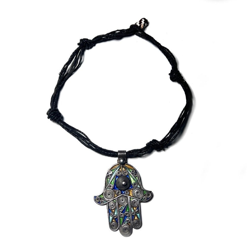 Vintage silver hanpainted hand of fatima necklace